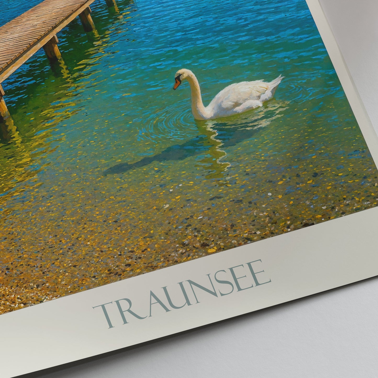 Traunsee Travel Poster, Serene Austrian Lake Art Print | Mountain Landscape Wall Decor with Swan & Pier
