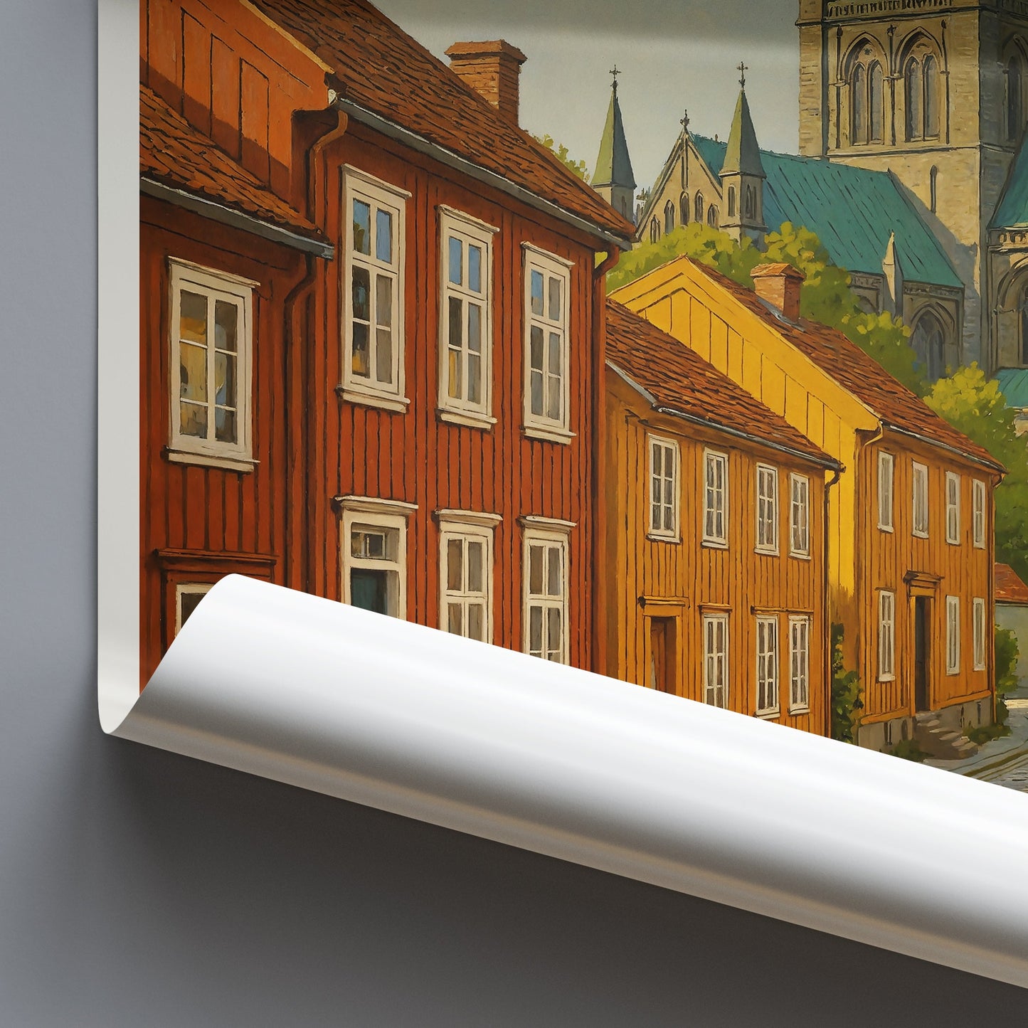 Trondheim Travel Poster, Nidaros Cathedral & Wooden Houses ~ Norway Art Print | Nordic Cityscape Wall Decor Gift