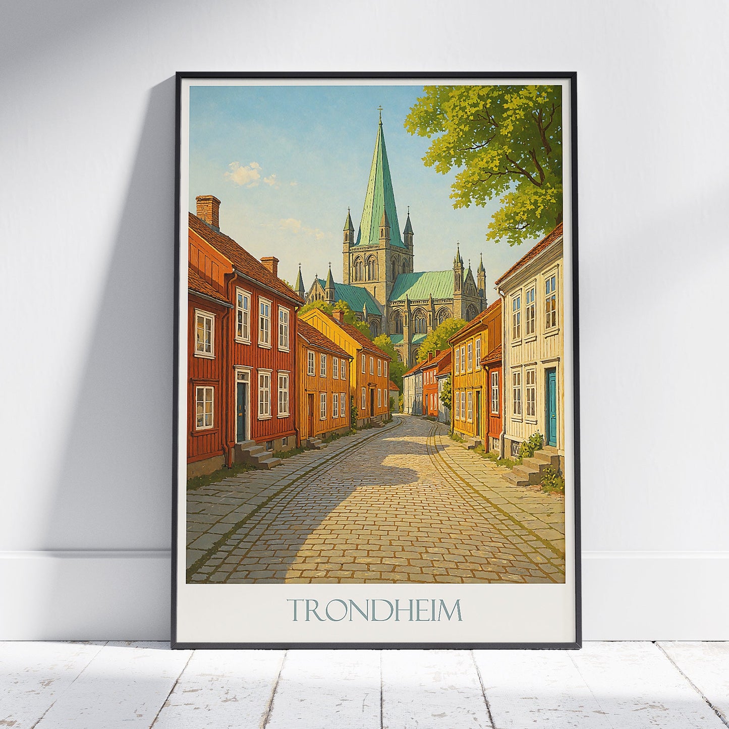 Trondheim Travel Poster, Nidaros Cathedral & Wooden Houses ~ Norway Art Print | Nordic Cityscape Wall Decor Gift