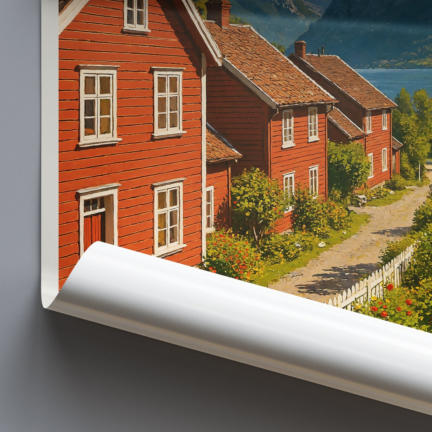 Valldal Norway Travel Poster, Scenic Fjord Village Art Print | Red House Wall Decor | Scandinavian Landscape Gift