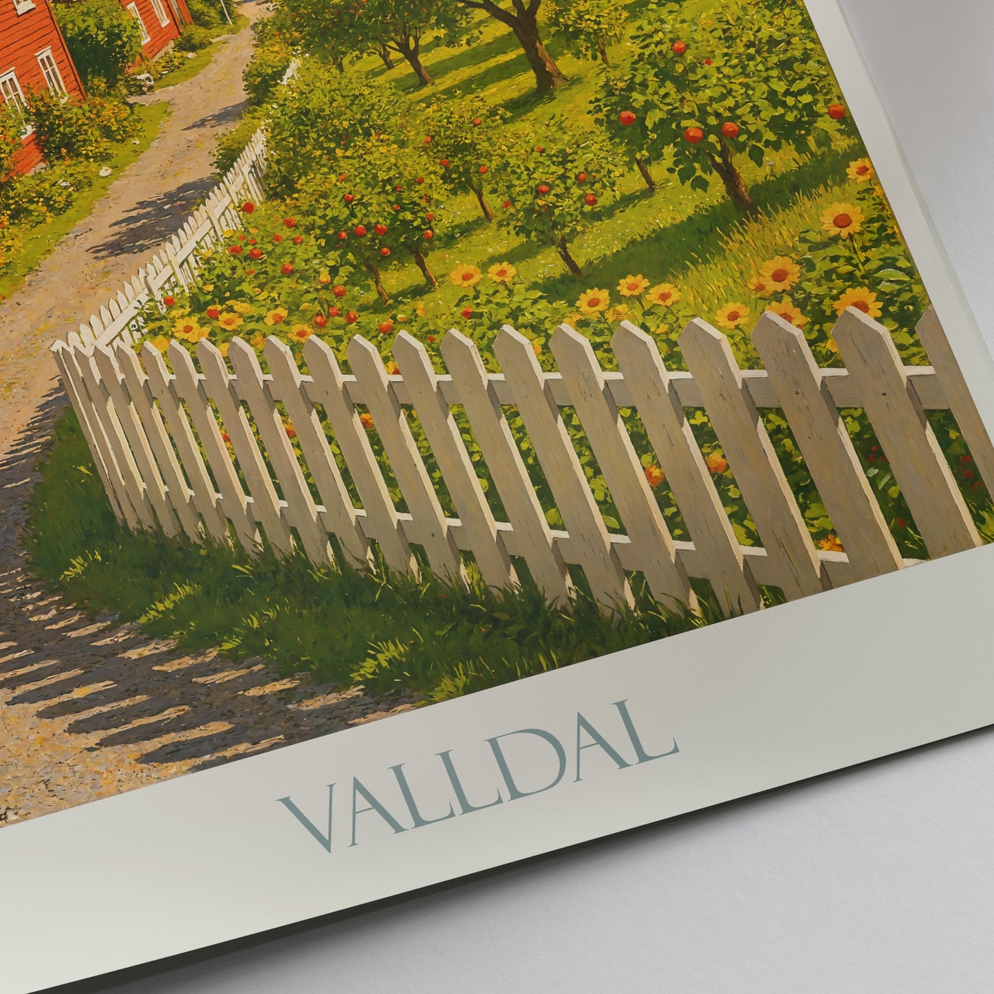 Valldal Norway Travel Poster, Scenic Fjord Village Art Print | Red House Wall Decor | Scandinavian Landscape Gift