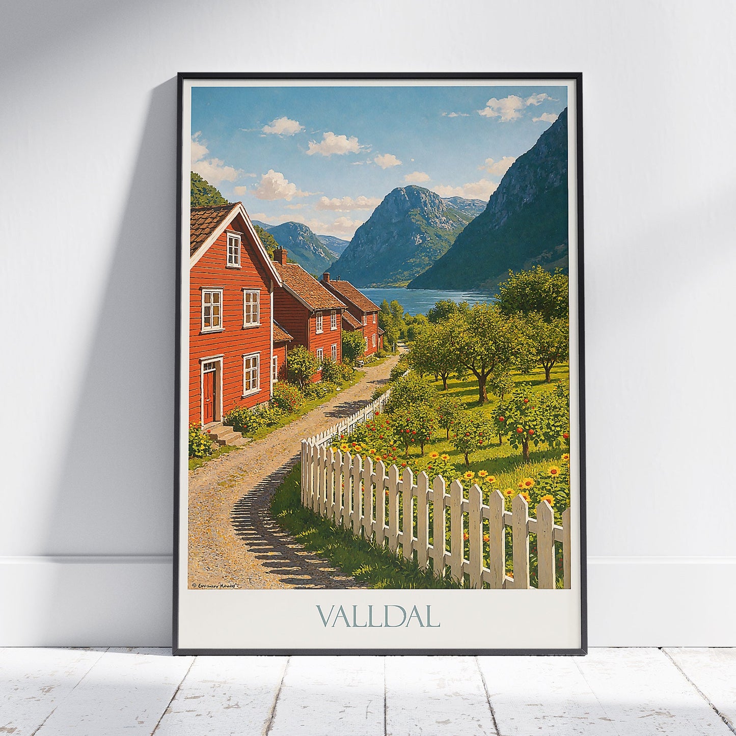 Valldal Norway Travel Poster, Scenic Fjord Village Art Print | Red House Wall Decor | Scandinavian Landscape Gift