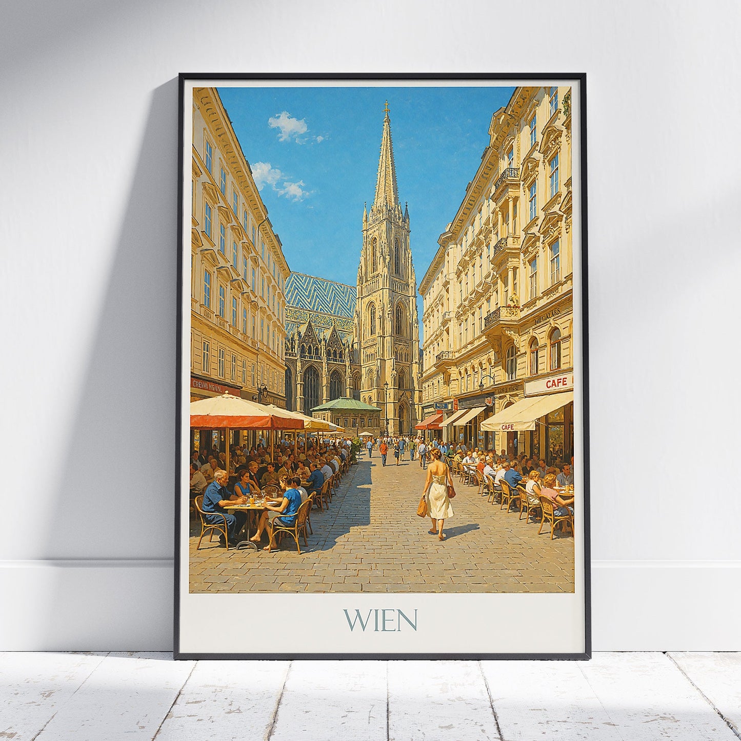 Vienna Travel Poster | Stephansdom Cathedral | Viennese Street Scene Art Print | Austrian Cafe Culture Wall Decor