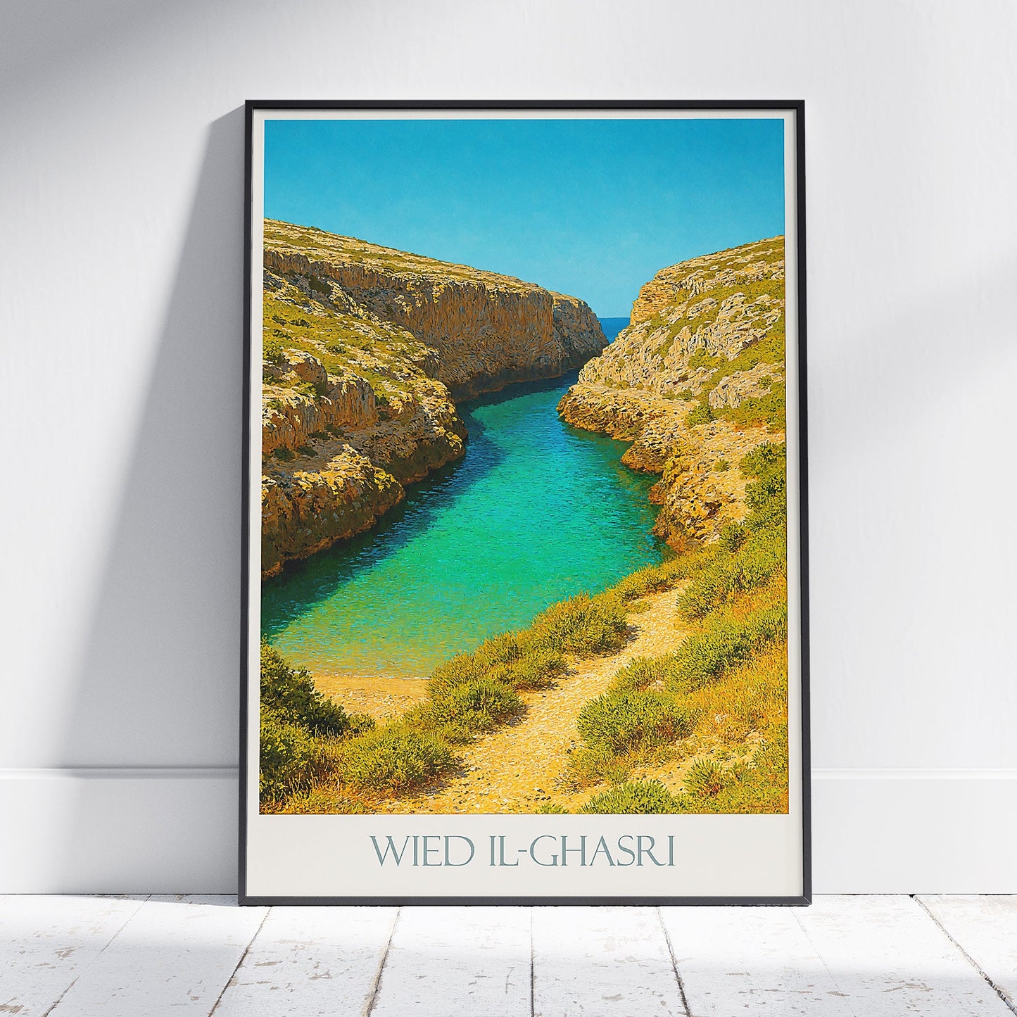 Wied il-Ghasri Travel Poster | Gozo Malta Art Print | Azure Sea Inlet | Mediterranean Coastal Wall Art