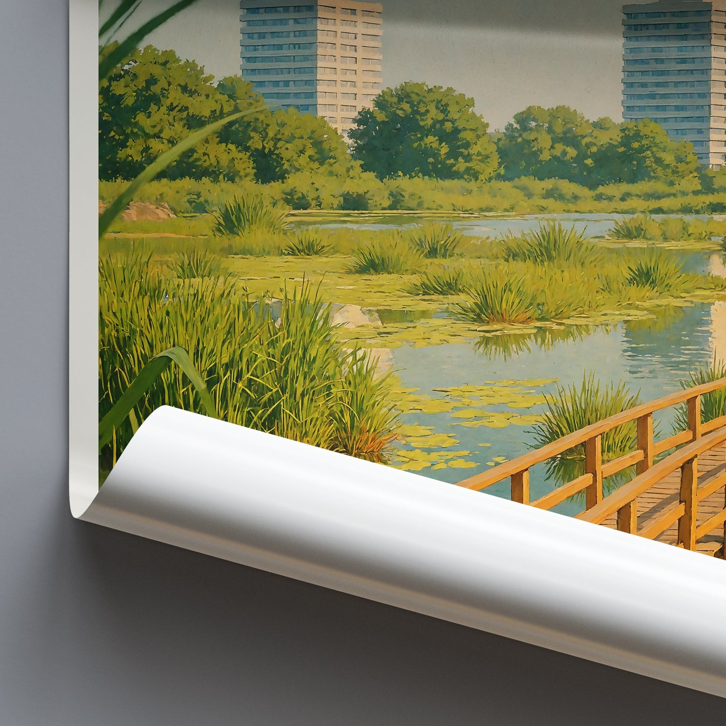 Woodberry Wetlands Travel Poster, London Nature Art Print | Serene Landscape Wall Art | Retro Digital Painting
