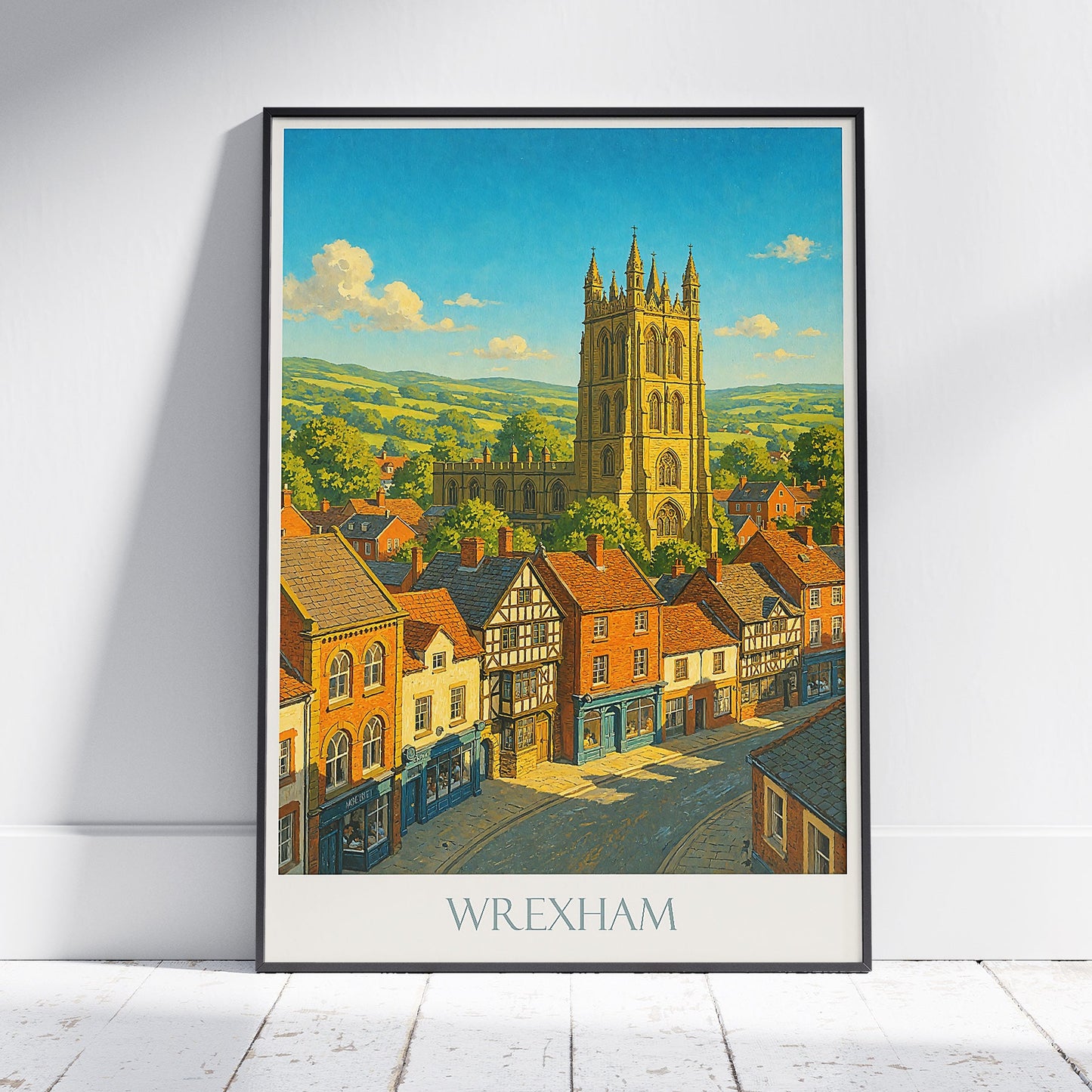 Wrexham Travel Poster, St. Giles' Parish Church ~ Wales Cityscape Art Print | UK Historic Town Wall Decor