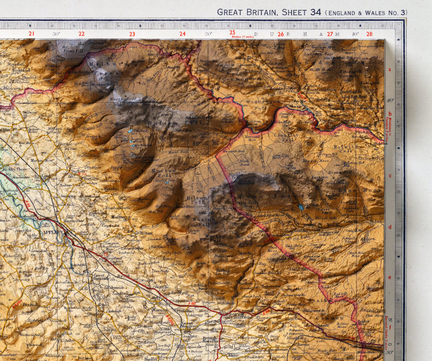 Lake District Vintage Map 2D Shaded Relief Print ~ Windermere, Scafell Pike, Whitehaven, Derwent, Westmorland