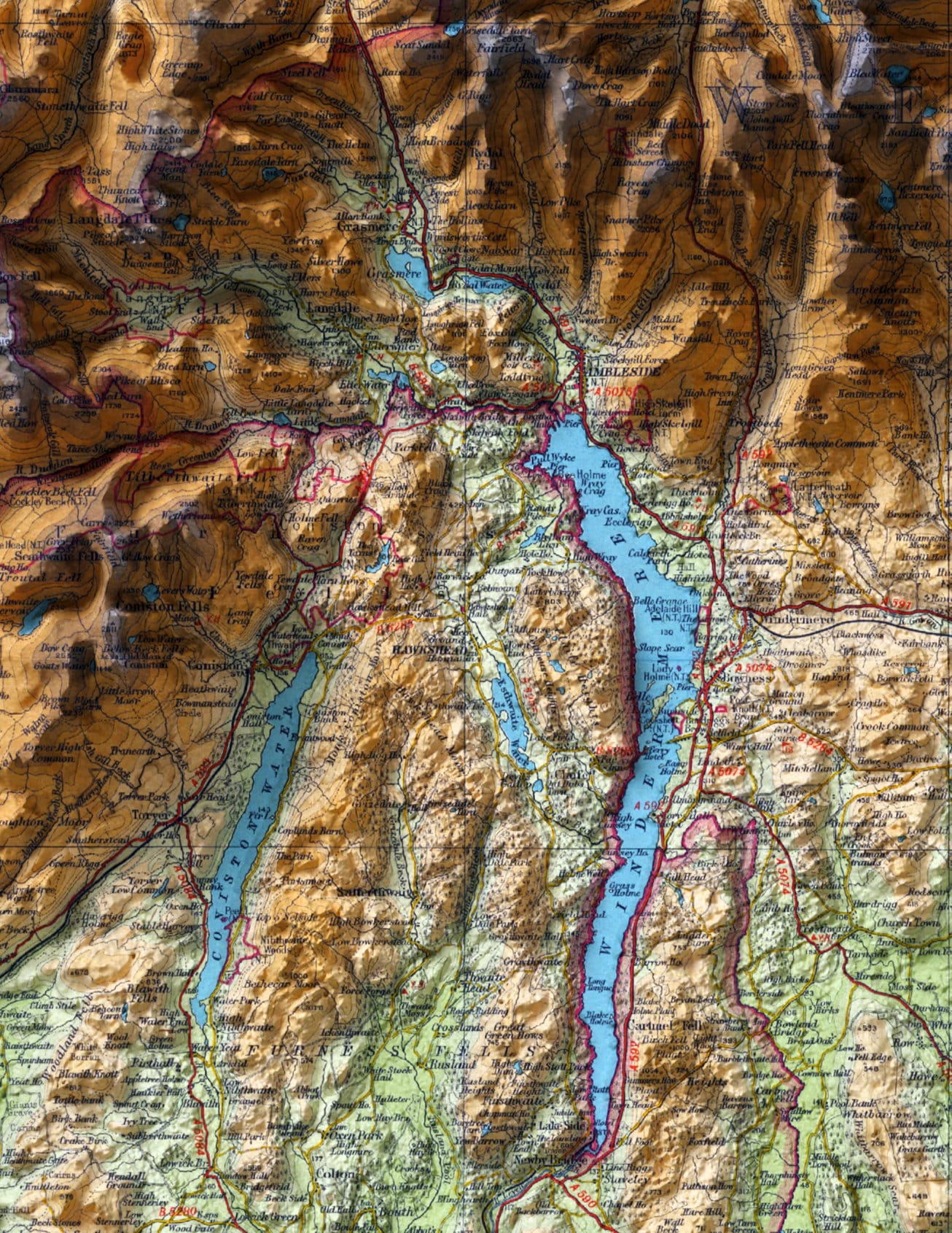 Lake District Vintage Map 2D Shaded Relief Print ~ Windermere, Scafell Pike, Whitehaven, Derwent, Westmorland