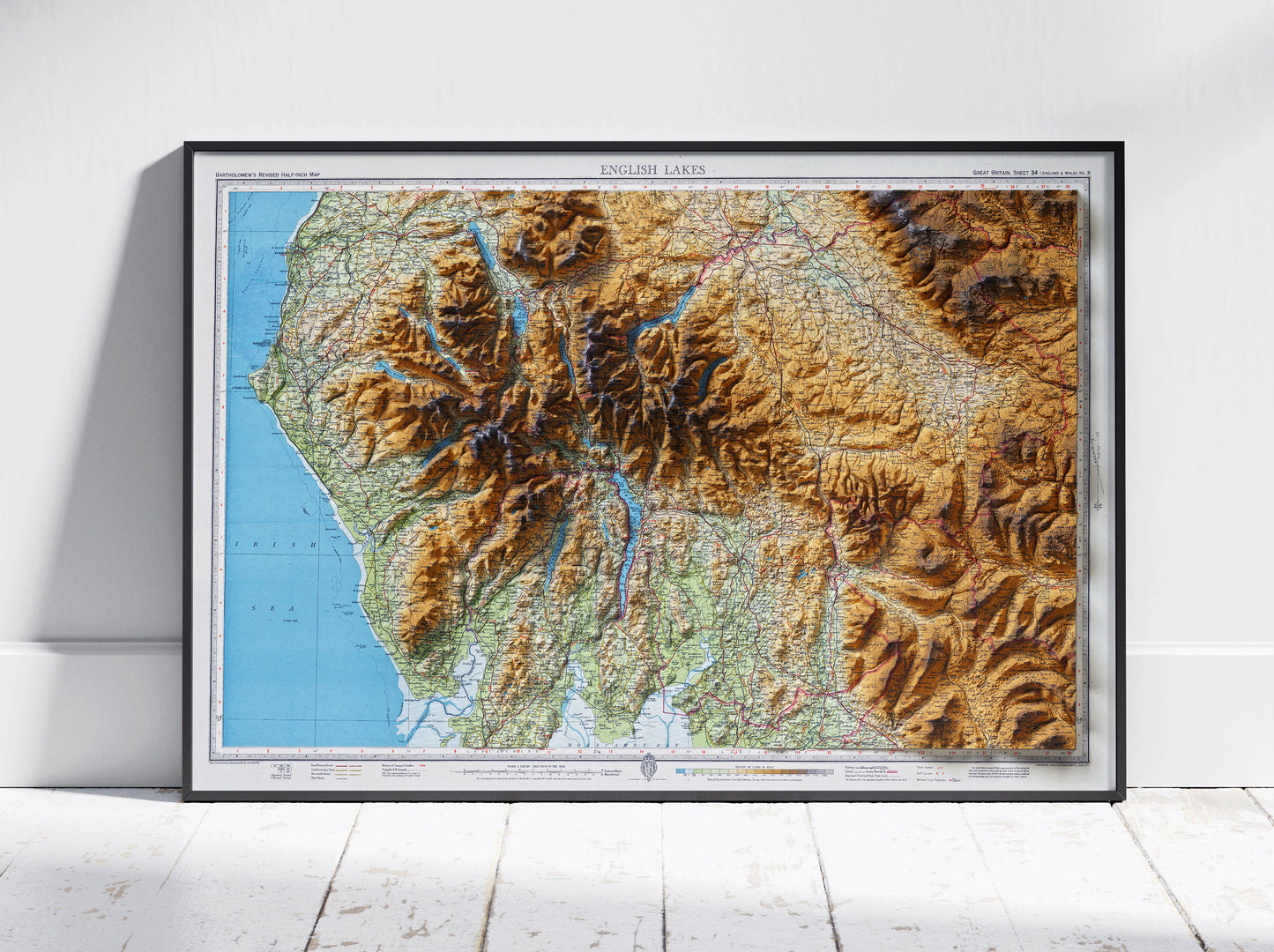 Lake District Vintage Map 2D Shaded Relief Print ~ Windermere, Scafell Pike, Whitehaven, Derwent, Westmorland
