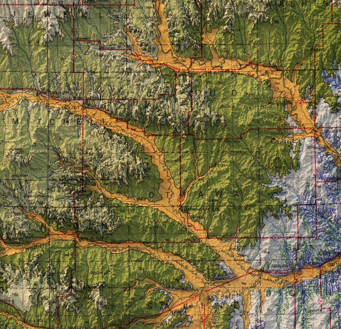 Kansas Vintage Geological Map Shaded Relief 2D Print