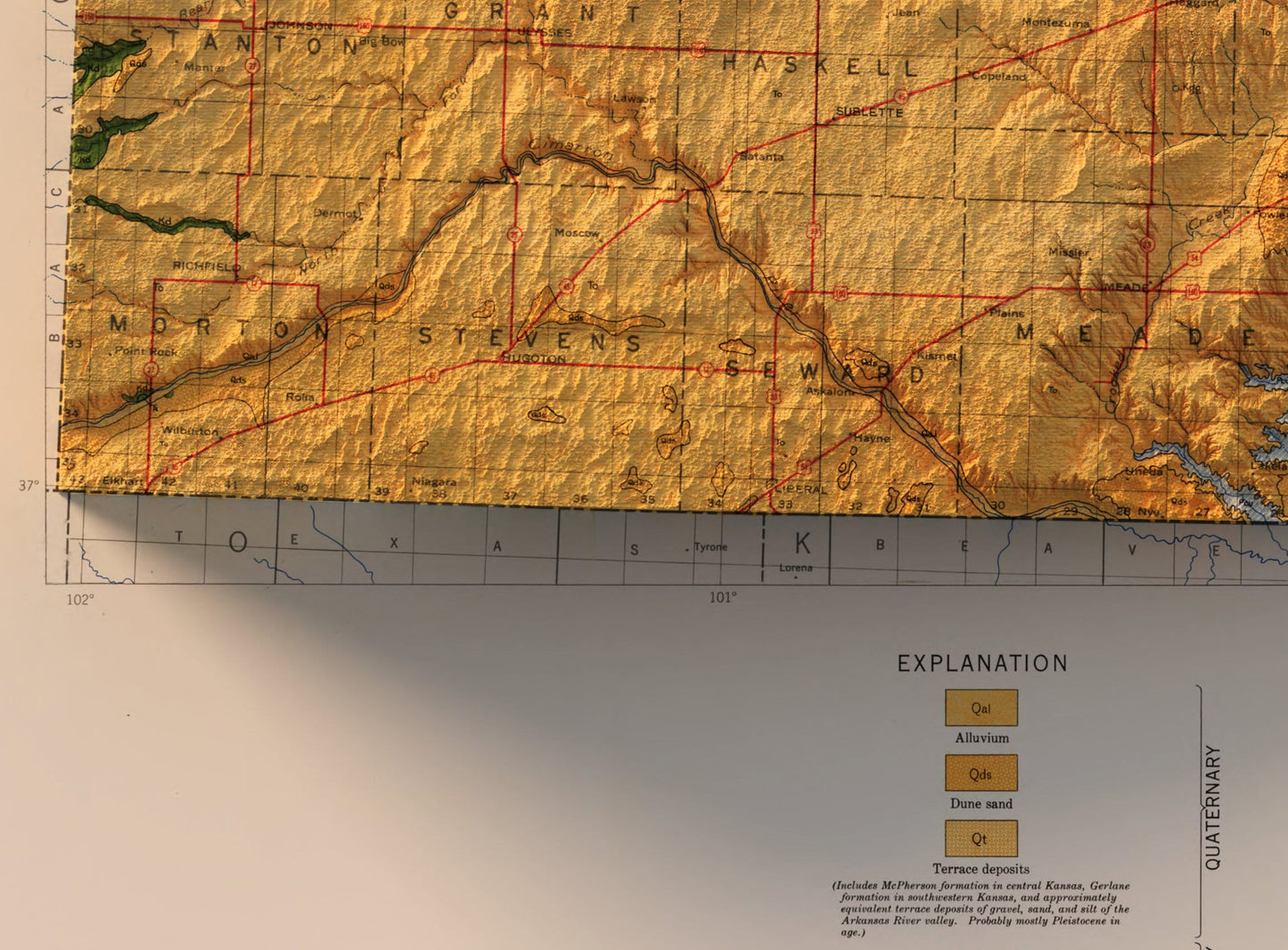 Kansas Vintage Geological Map Shaded Relief 2D Print