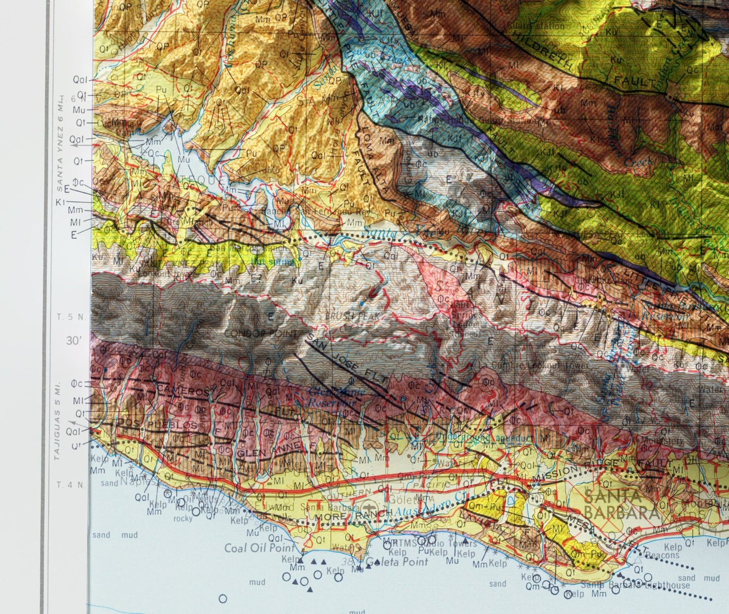 Southern California Geological 2D Shaded Relief Map - Los Angeles, Oxnard, Santa Barbara