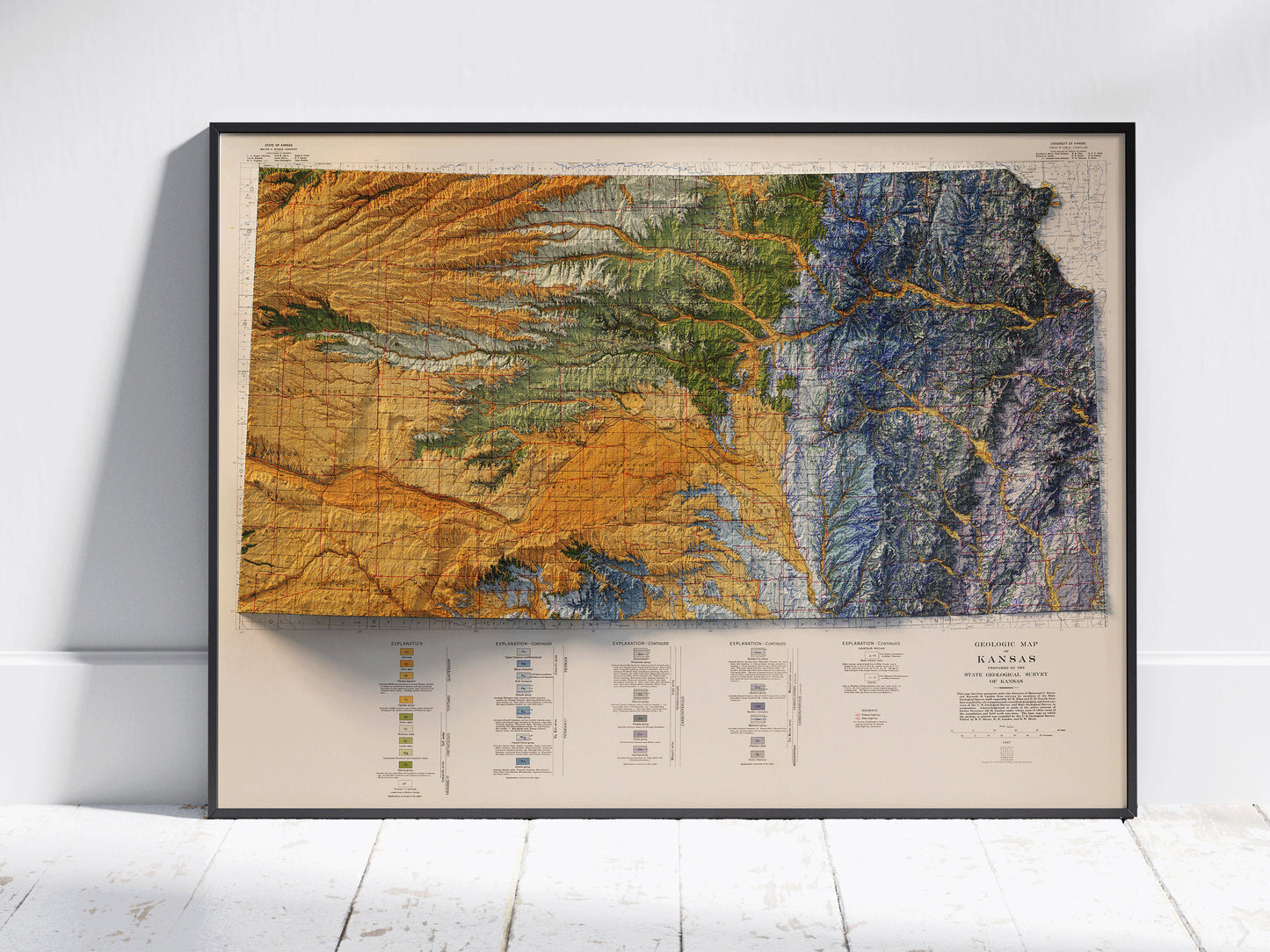 Kansas Vintage Geological Map Shaded Relief 2D Print