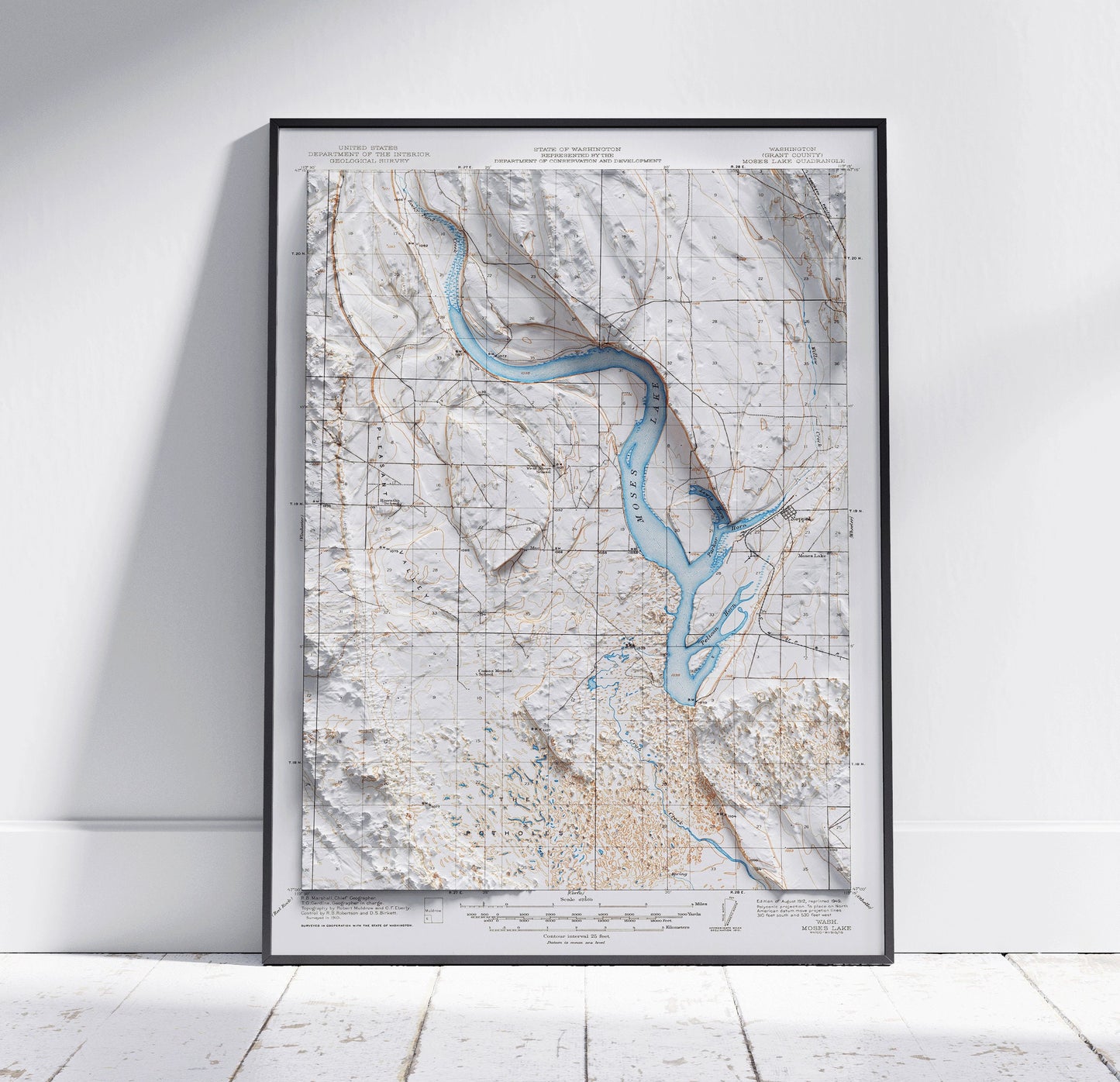 Moses Lake, Washington ~ Shaded Relief 2D Map Print