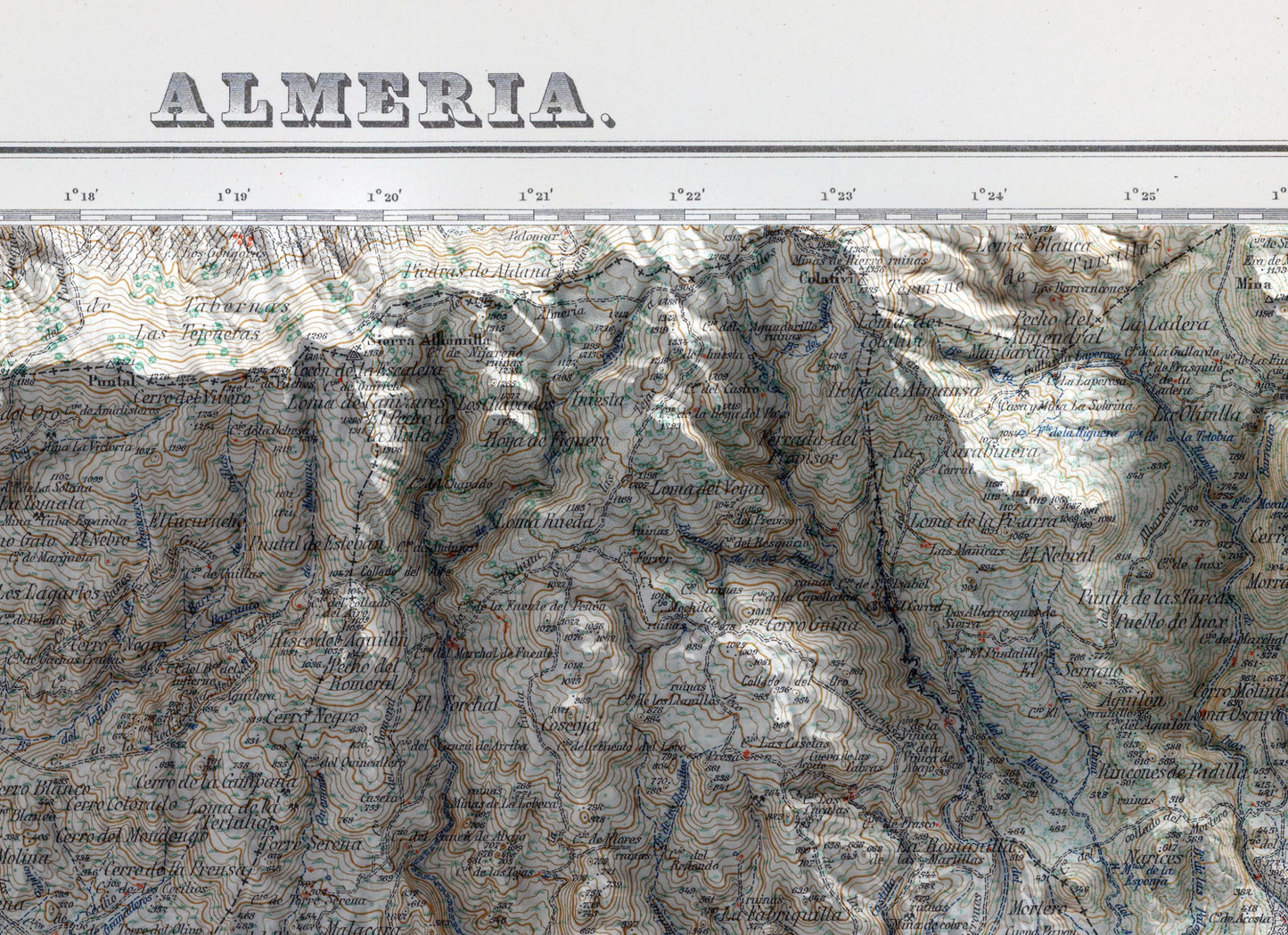 Almeria, Spain ~ Vintage Shaded Relief 2D Map Print