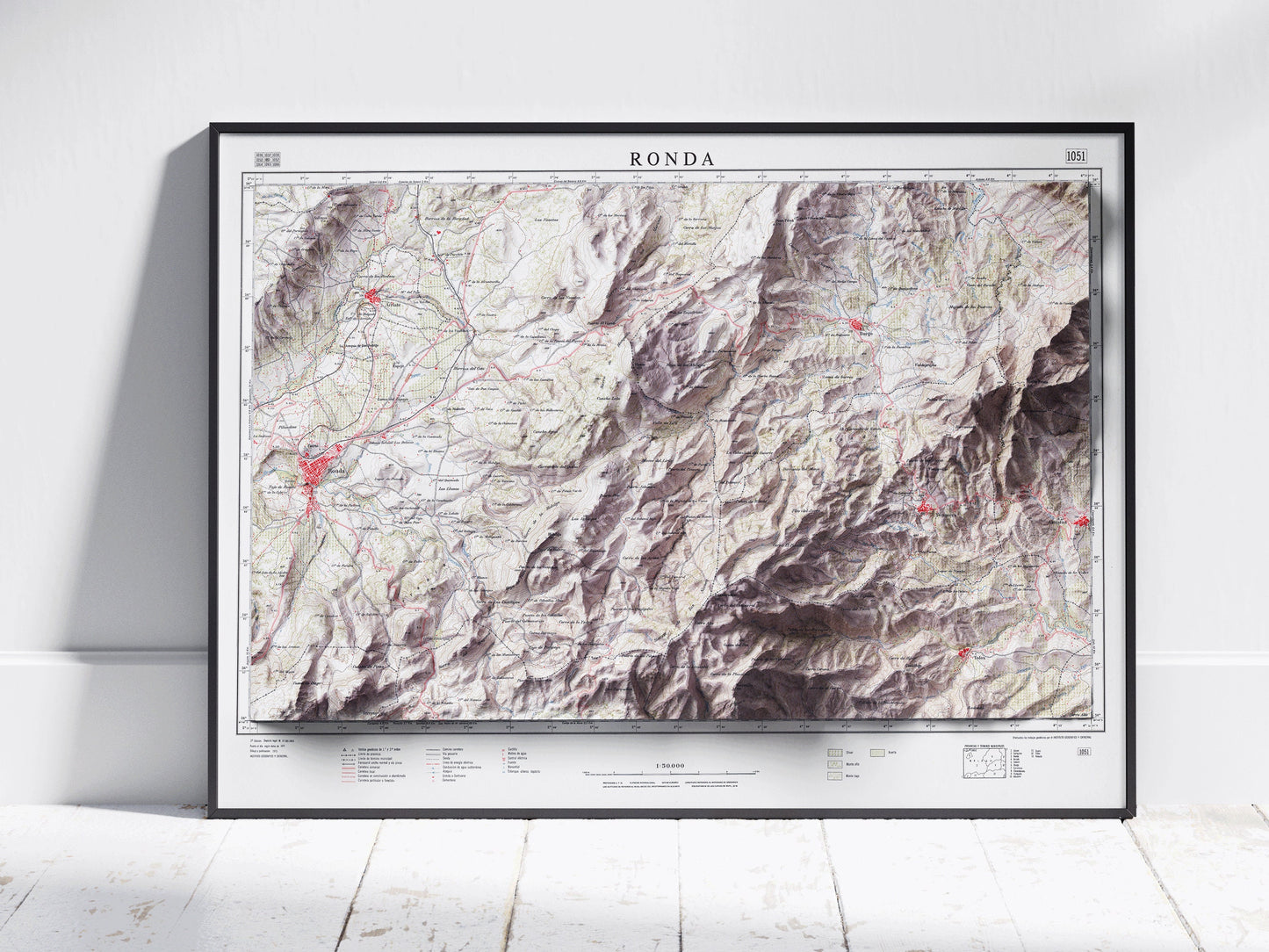 Ronda & Sierra de las Nieves, Spain ~ Vintage Shaded Relief 2D Map Print