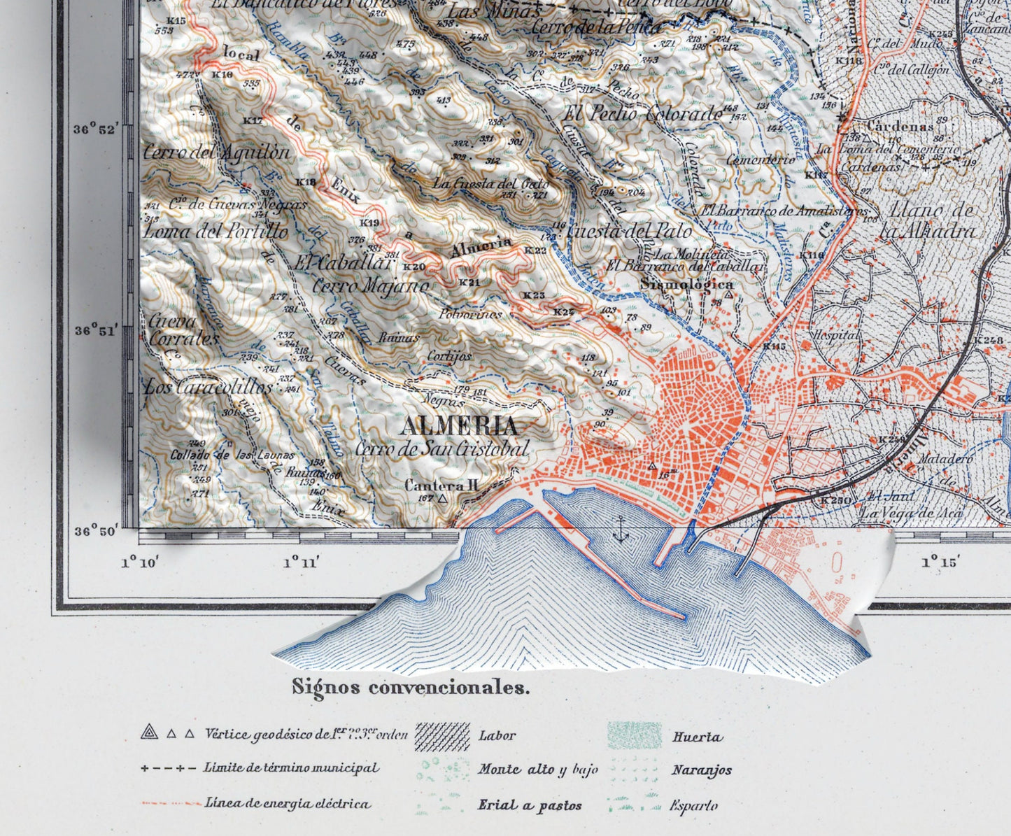 Almeria, Spain ~ Vintage Shaded Relief 2D Map Print