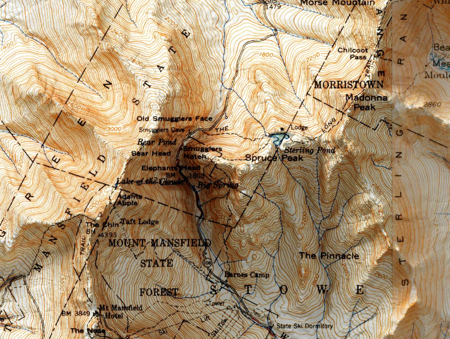 Mount Mansfield & Bolton Valley, Vermont ~ Vintage Shaded Relief 2D Map Print