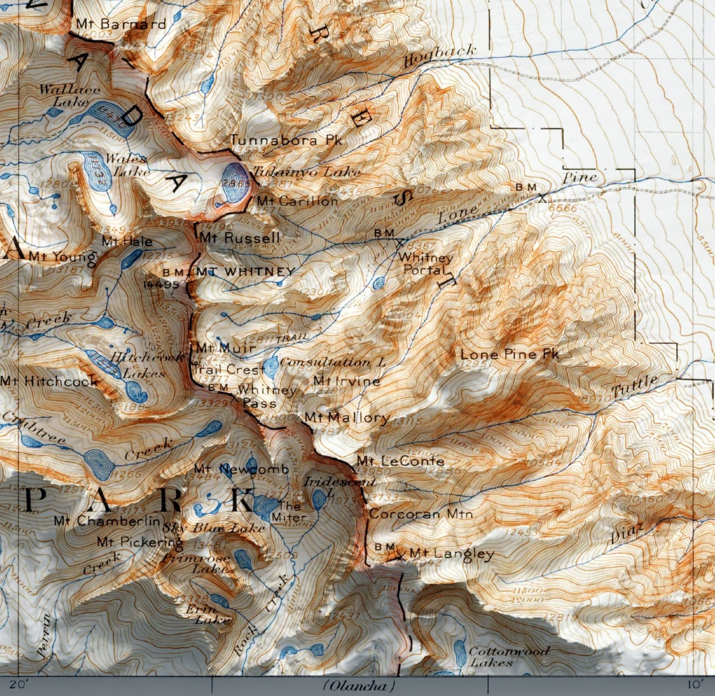 Mount Whitney & Owens Valley, California ~ Shaded Relief Map 2D Print Vintage
