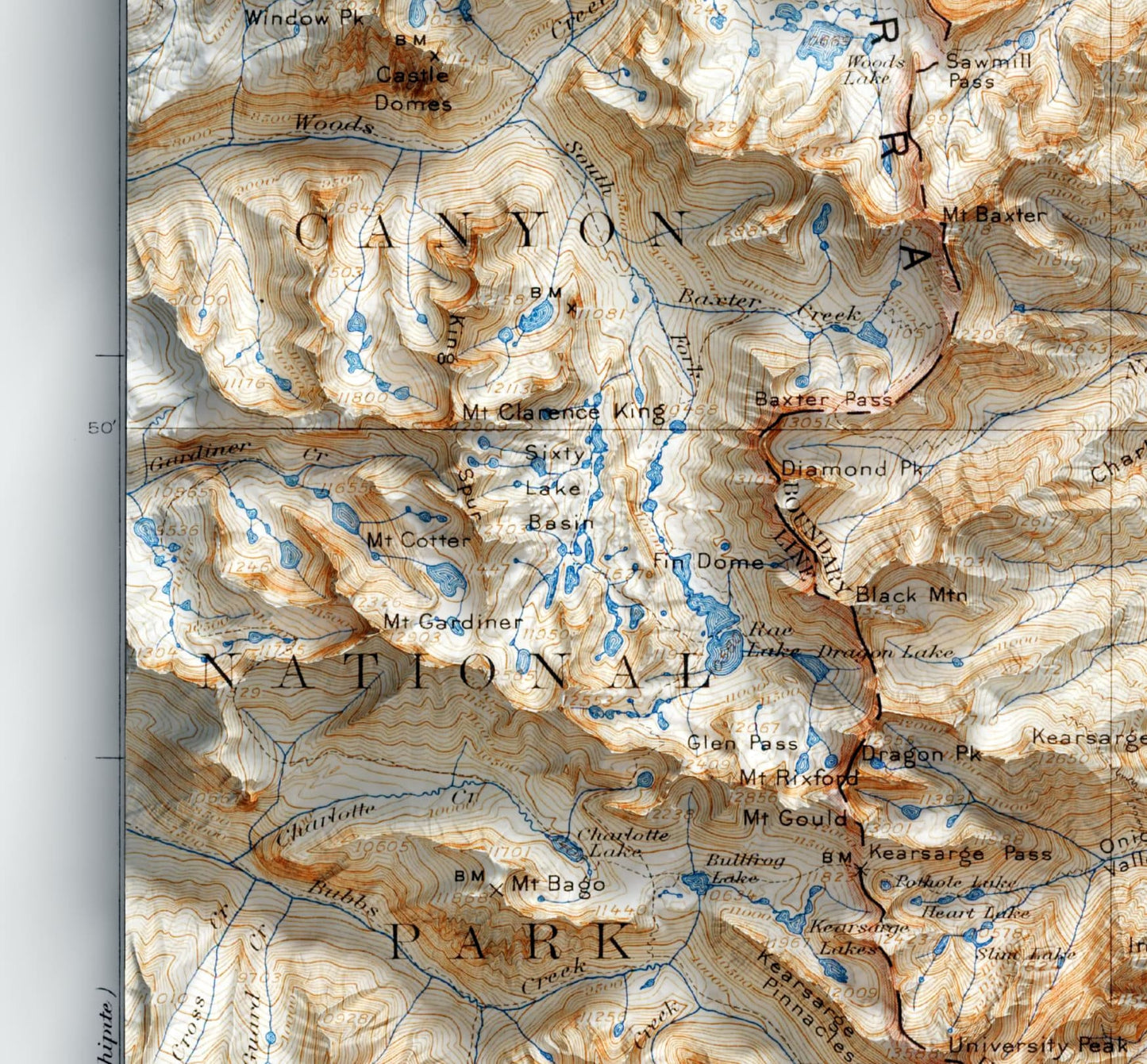 Mount Whitney & Owens Valley, California ~ Shaded Relief Map 2D Print Vintage