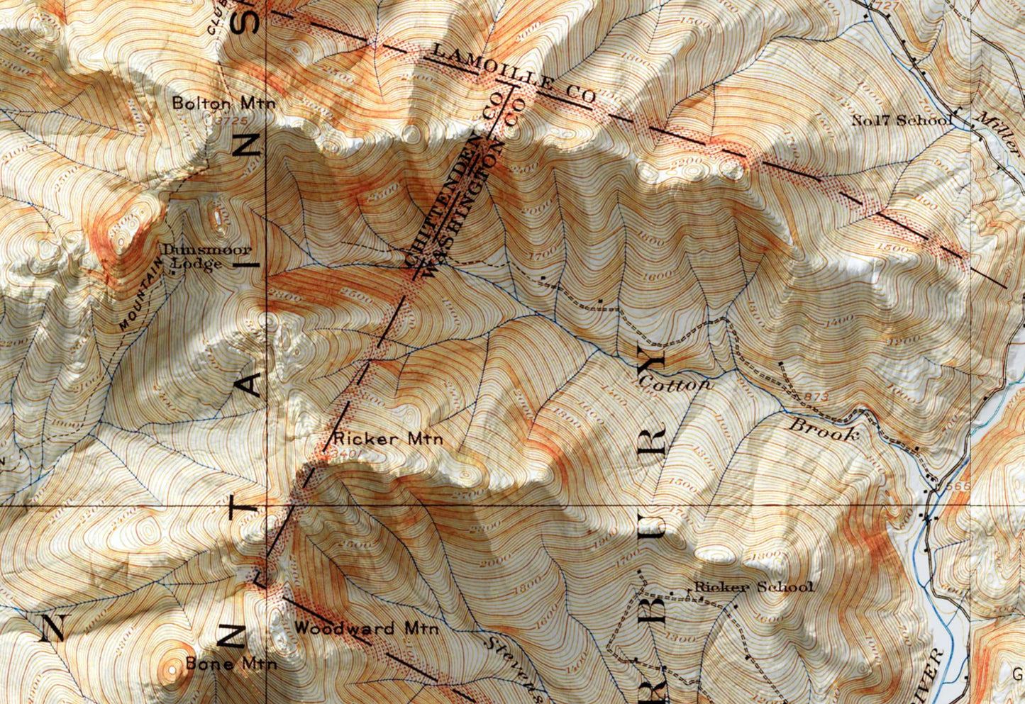 Mount Mansfield & Bolton Valley, Vermont ~ Vintage Shaded Relief 2D Map Print