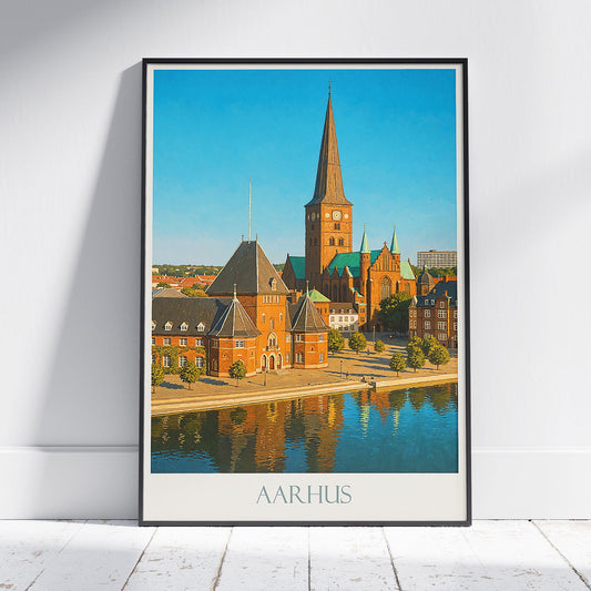 Aarhus Travel Poster, Denmark Cathedral Print | City Skyline Reflection Art | Nordic Home Decor Gift
