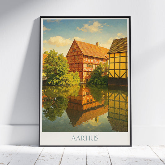 Aarhus Travel Poster, Old Town Buildings ~ Denmark Flux Art Print | Historic Wall Decor Gift