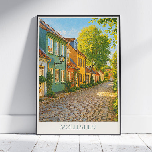 Aarhus Møllestien Street Travel Poster, Denmark | Charming Cobblestone Lane Wall Art Print | European Home Decor