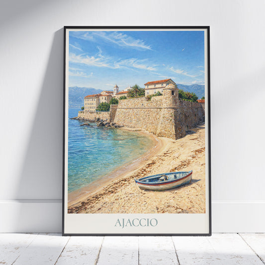 Ajaccio Corsica Travel Poster: Citadelle d'Ajaccio and Coastline Art Print