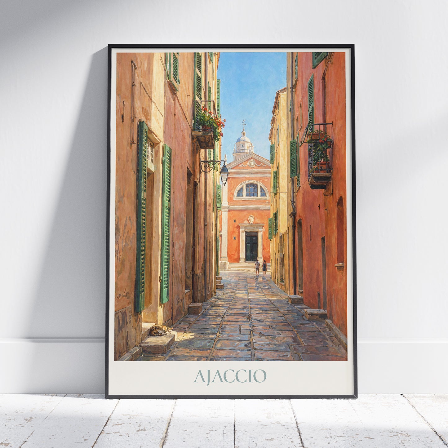 Ajaccio Corsica Travel Poster: Old Town Street and Cathedral Painted Art Print