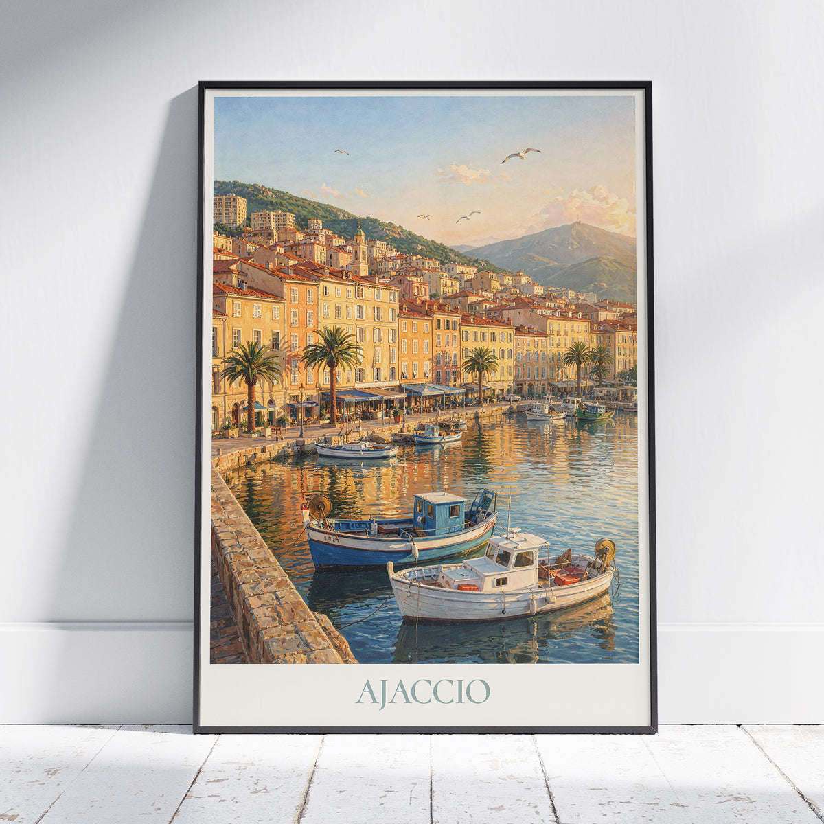Ajaccio Corsica Travel Poster: Vieux Port Harbour and Waterfront Promenade Painted Art Print
