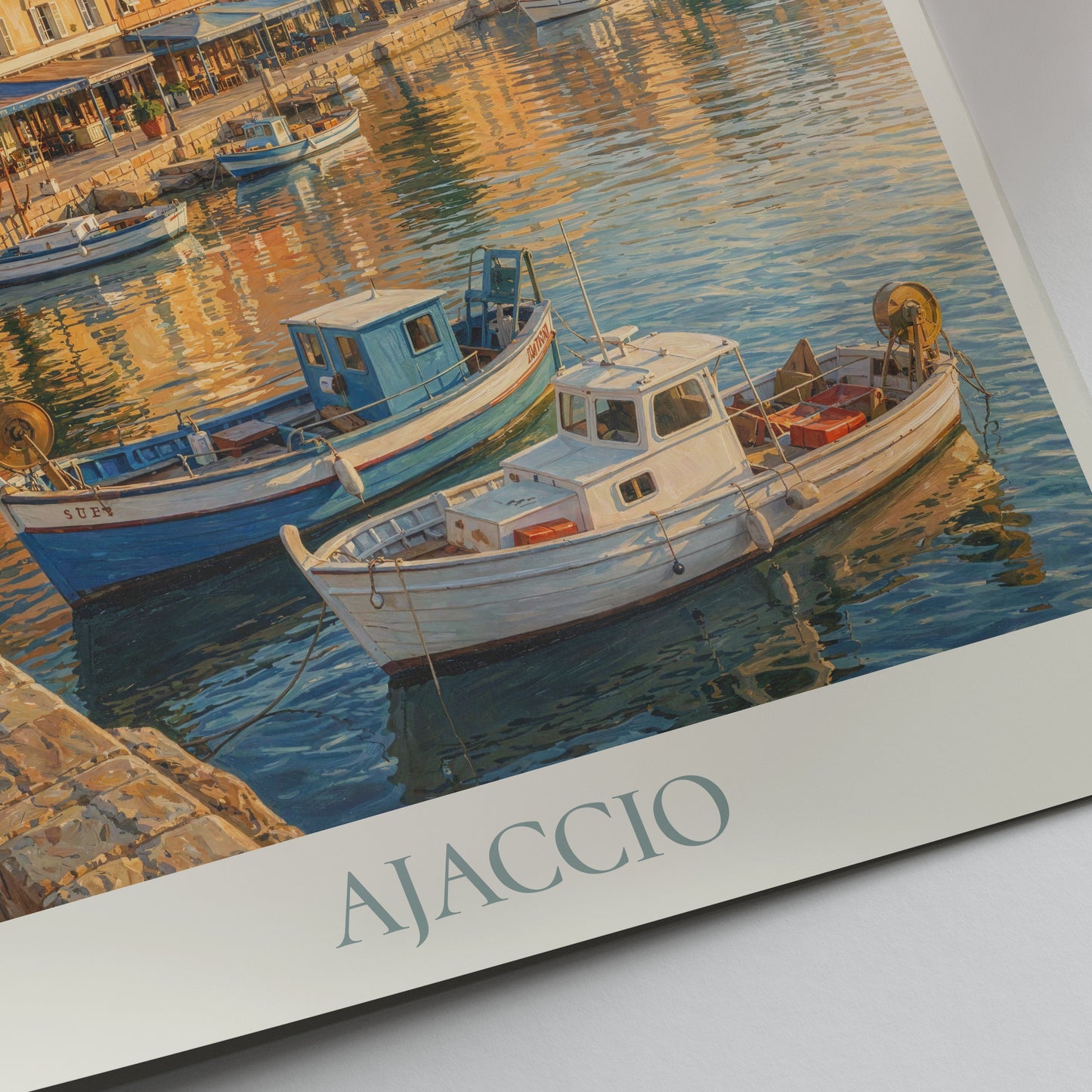 Ajaccio Corsica Travel Poster: Vieux Port Harbour and Waterfront Promenade Painted Art Print