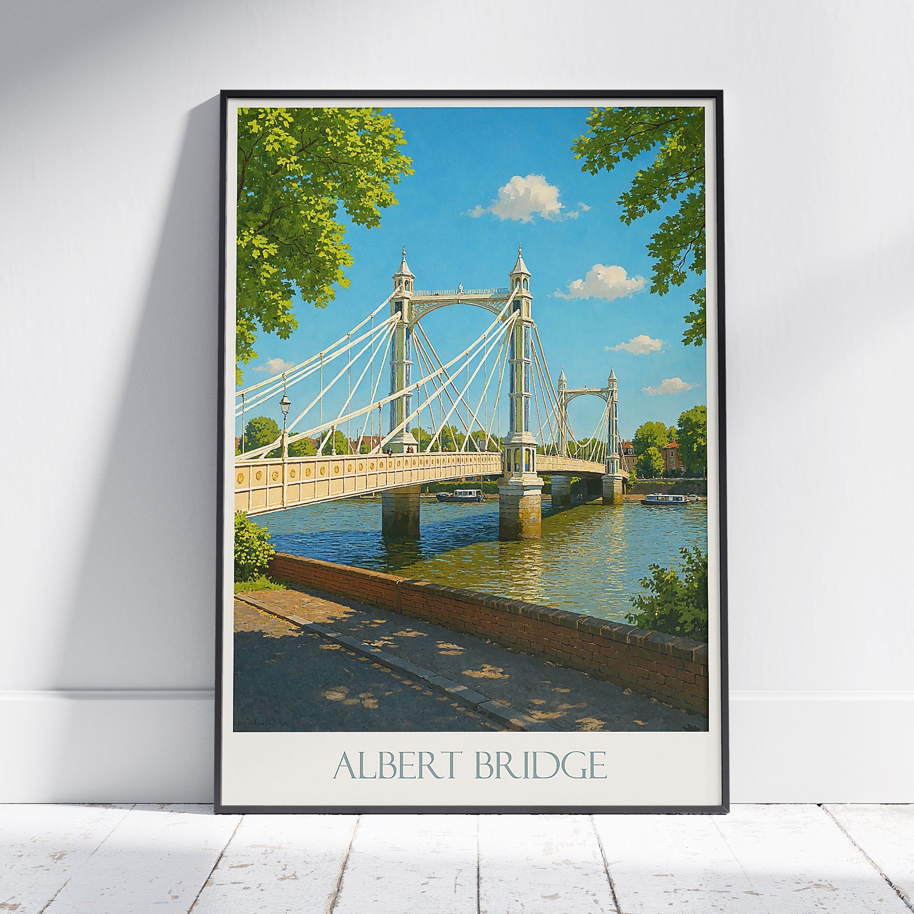 Albert Bridge London Travel Poster, River Thames Art Print | UK Cityscape Wall Decor & England Vacation Gift