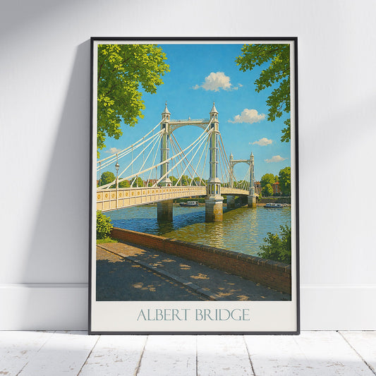 Albert Bridge London Travel Poster, River Thames Art Print | UK Cityscape Wall Decor & England Vacation Gift