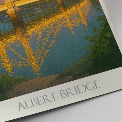 Albert Bridge London Travel Poster, Twilight Thames River Art Print | UK Cityscape Wall Decor | Iconic Landmark Gift