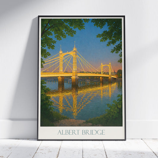 Albert Bridge London Travel Poster, Twilight Thames River Art Print | UK Cityscape Wall Decor | Iconic Landmark Gift