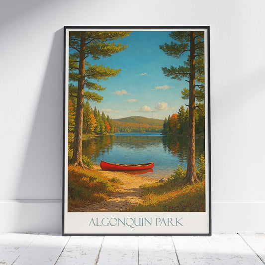 Algonquin Park Travel Poster | Ontario Canada Autumn Art Print | Vintage Canoe Lake Scenery | Nature Wall Decor Gift