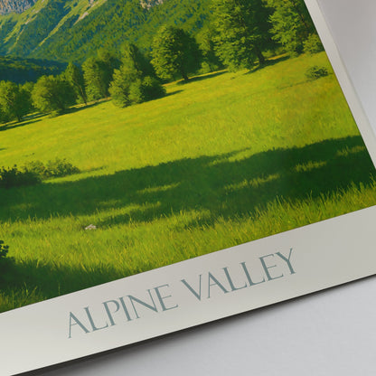 Lush Alpine Valley Travel Poster | Mountain Landscape Wall Art Print | Scenic Nature Decor | Outdoor Lover Gift