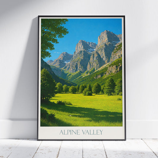 Lush Alpine Valley Travel Poster | Mountain Landscape Wall Art Print | Scenic Nature Decor | Outdoor Lover Gift