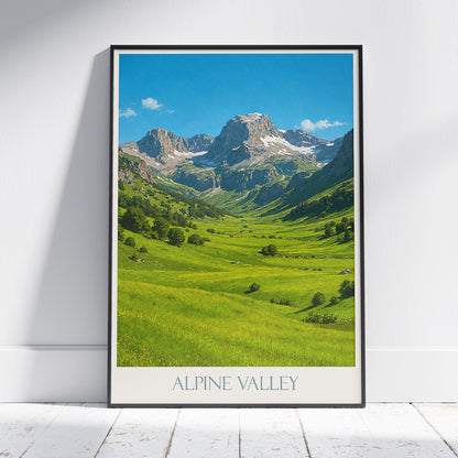 Alps Travel Poster, Serene Alpine Valley Art Print | Mountain Landscape Wall Decor | Nature Lover Gift