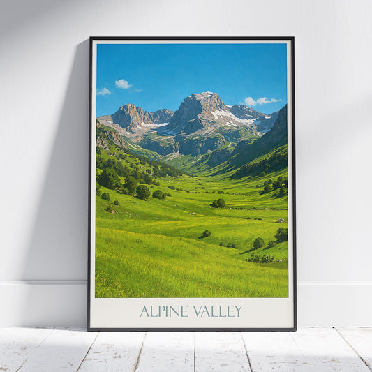 Alps Travel Poster, Serene Alpine Valley Art Print | Mountain Landscape Wall Decor | Nature Lover Gift