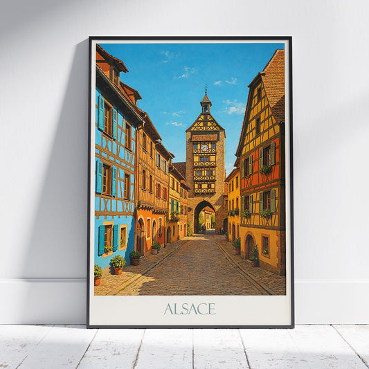 Alsace Travel Poster, Colorful Alsatian Street | France Half-Timbered Village Wall Art Print & Home Decor
