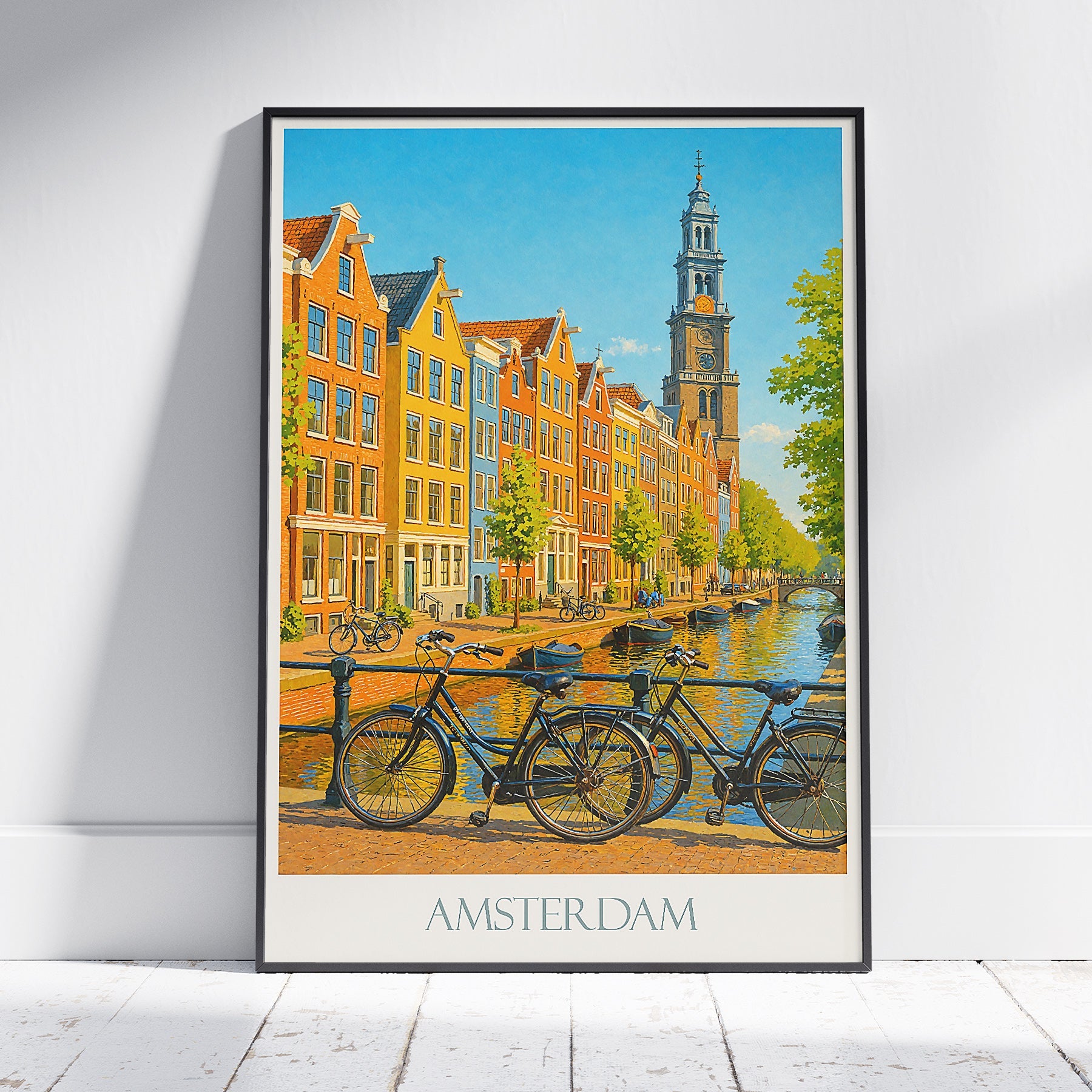 Amsterdam Travel Poster, Canal Scene & Westerkerk ~ Vibrant Netherlands Art Print | European Cityscape Decor