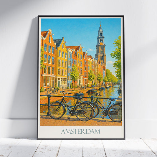 Amsterdam Travel Poster, Canal Scene & Westerkerk ~ Vibrant Netherlands Art Print | European Cityscape Decor