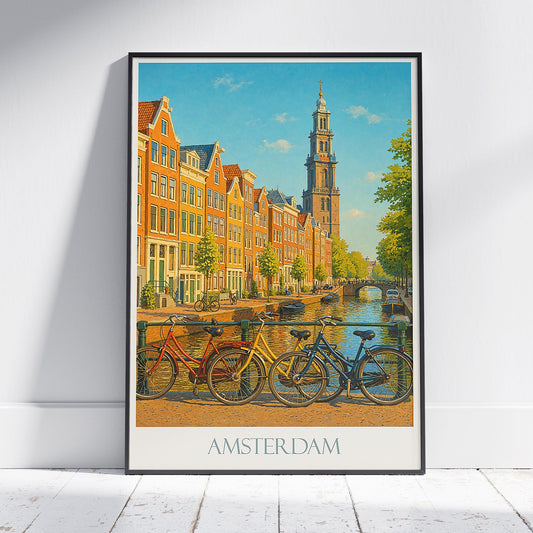Amsterdam Travel Poster, Iconic Canal Scene ~ Netherlands Painted Wall Art Print & Home Decor | Bicycle City Gift