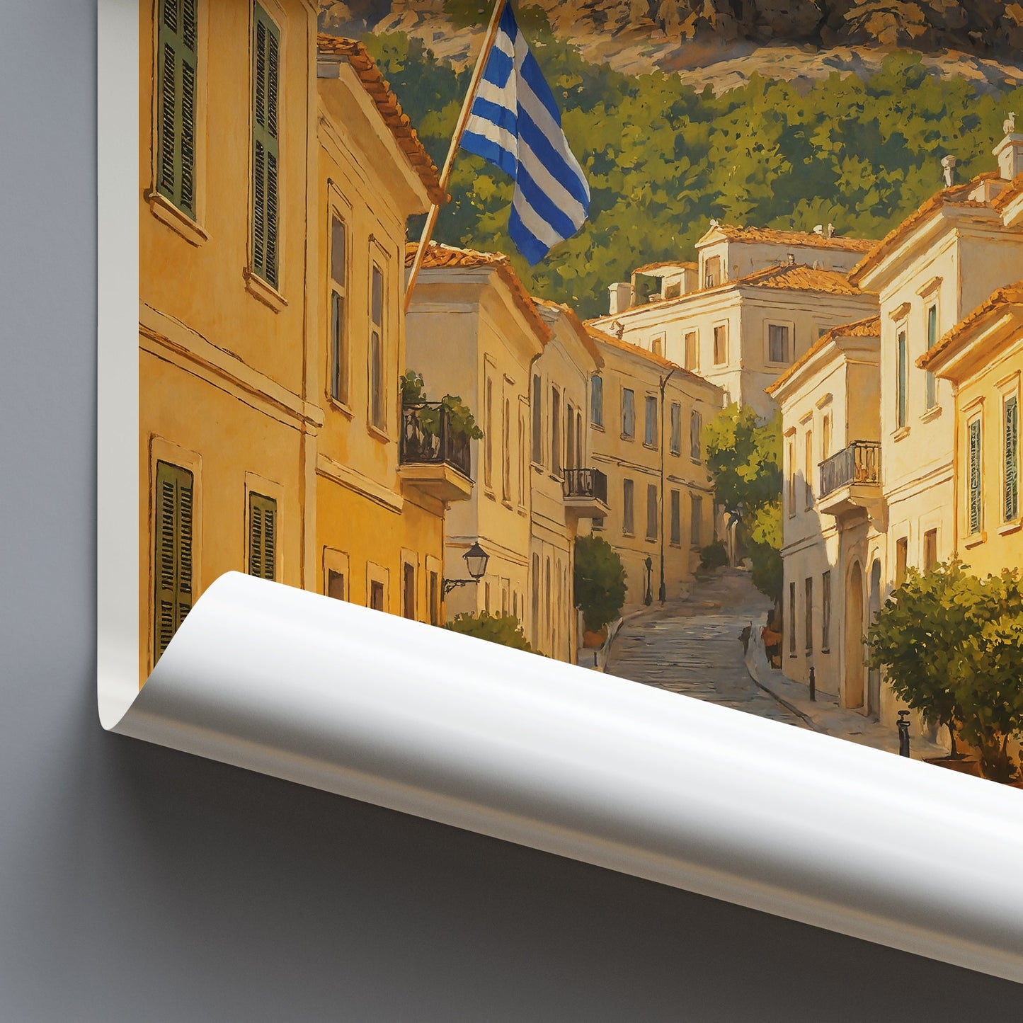 Athens Travel Poster | Plaka Street Acropolis View ~ Greece Wall Art | Vibrant Bougainvillea Home Decor Gift