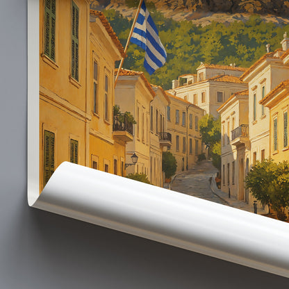 Athens Travel Poster | Plaka Street Acropolis View ~ Greece Wall Art | Vibrant Bougainvillea Home Decor Gift