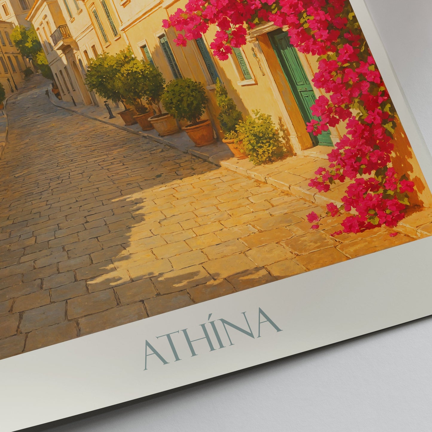 Athens Travel Poster | Plaka Street Acropolis View ~ Greece Wall Art | Vibrant Bougainvillea Home Decor Gift