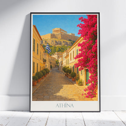 Athens Travel Poster | Plaka Street Acropolis View ~ Greece Wall Art | Vibrant Bougainvillea Home Decor Gift