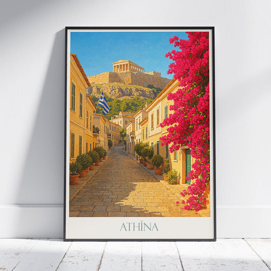 Athens Travel Poster | Plaka Street Acropolis View ~ Greece Wall Art | Vibrant Bougainvillea Home Decor Gift